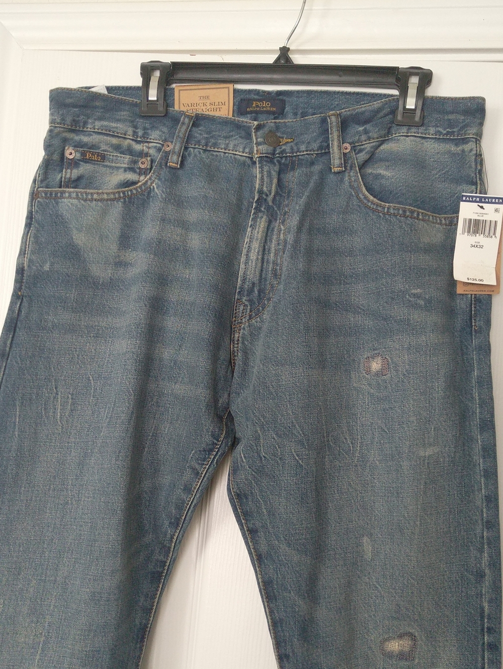 Polo by Ralph Lauren Varick Slim Straigh Distressed Blue Denim Jeans Mens 34x32
